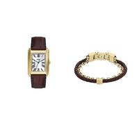 Fossil Herrenuhr Carraway und Lederarmband All Stacked Up- Dreizeigeruhrwerk, goldfarbener Edelstahl