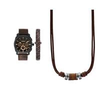 Fossil Machine Uhr für Herren, Chronographenwerk mit Edelstahl- oder Lederarmband, Dunkelbraun, 42MM & Herren Halskette aus Edelstahl und Leder 0.6 x 41.1 x 2.2