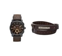 Fossil Machine Uhr für Herren, Chronographenwerk mit Edelstahl- oder Lederarmband, Schwarz und Braun, 42MM & Herrenarmband Doppelwickel in braun, JF87354040