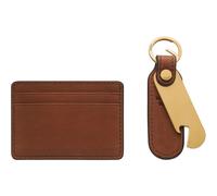 FOSSIL Steven Card Case and Keyfob Bottle Opener Gift Set Medium Brown