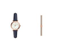 Fossil Women's Carlie Blue Leather Watch and Replaceable Rose-Gold Stainless Steel Strap, Set