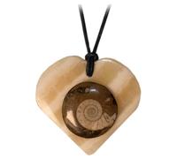 Fossiler Goniatit Herz Anhänger Ø 45 mm mit Lederkette - Echter Onyx Edelstein Fossil Schmuck ca. 400 Mio. Jahre - Naturstein Kette verstellbar für Damen und Herren