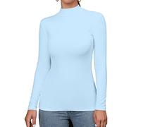 FOUGEDE Langärmeliges Damen-Oberteil, Rollkragen-Top, Stretch, tailliertes T-Shirt, hellblau, Mittel