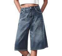 Foweknow 3/4 Jeans Damen Baggy Shorts Weites Bein Vintage Washed High Waist Freizeithose Bermuda Jeanshorts Caprihose Sommer Straight Leg Knielange Denim Shorts Y2K Hip Hop Streetwear