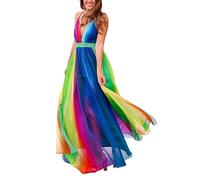 Foweknow Abendkleid Damen Lang Regenbogen Kleid Aus Chiffon Sexy Tiefer V-Ausschnitt Rückenfrei Ballkleider Rainbow Dress Partykleid Für Abschlussfeier Schuleröffnung Bunte Spaghetti Maxikleid