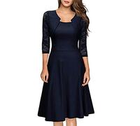 Foweknow Cocktailkleid Damen Kurz Elegant A-Linien Kleid Festlich V-Ausschnitt 3/4 Arm Mit Spitze Swing Knielang Ballkleid Einfarbig Spitzenkleid Retro Party Abendkleider Wickelkleid