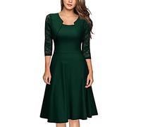 Foweknow Cocktailkleid Damen Kurz Elegant A-Linien Kleid Festlich V-Ausschnitt 3/4 Arm Mit Spitze Swing Knielang Ballkleid Einfarbig Spitzenkleid Retro Party Abendkleider Wickelkleid
