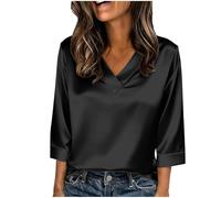 Foweknow Damen Bluse,Elegant 3/4 Arm Stretch Satin Oberteile V-Ausschnitt Satinbluse Einfarbig T-Shirt Festliche Party Outfits Casual Blusenshirt Glänzende Seide Blusenshirt Für Business Büro