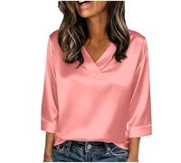 Foweknow Damen Bluse,Elegant 3/4 Arm Stretch Satin Oberteile V-Ausschnitt Satinbluse Einfarbig T-Shirt Festliche Party Outfits Casual Blusenshirt Glänzende Seide Blusenshirt Für Business Büro