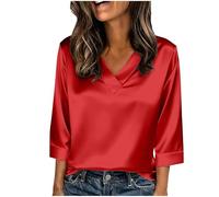 Foweknow Damen Bluse,Elegant 3/4 Arm Stretch Satin Oberteile V-Ausschnitt Satinbluse Einfarbig T-Shirt Festliche Party Outfits Casual Blusenshirt Glänzende Seide Blusenshirt Für Business Büro