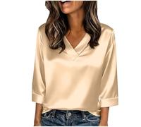 Foweknow Damen Bluse,Elegant 3/4 Arm Stretch Satin Oberteile V-Ausschnitt Satinbluse Einfarbig T-Shirt Festliche Party Outfits Casual Blusenshirt Glänzende Seide Blusenshirt Für Business Büro