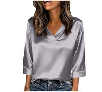 Foweknow Damen Bluse,Elegant 3/4 Arm Stretch Satin Oberteile V-Ausschnitt Satinbluse Einfarbig T-Shirt Festliche Party Outfits Casual Blusenshirt Glänzende Seide Blusenshirt Für Business Büro