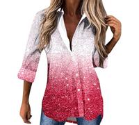 Foweknow Damen Glitzer Bluse Festlich Pailetten Oberteile 3D Druck V Ausschnitt Knopfleiste Shirt Langarm Hemd Blusenshirt Locker Lässig Party Hemdbluse Langarmshirt Frauen Blusentop