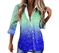Foweknow Damen Glitzer Bluse Festlich Pailetten Oberteile 3D Druck V Ausschnitt Knopfleiste Shirt Langarm Hemd Blusenshirt Locker Lässig Party Hemdbluse Langarmshirt Frauen Blusentop