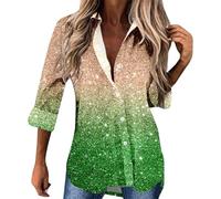 Foweknow Damen Glitzer Bluse Festlich Pailetten Oberteile 3D Druck V Ausschnitt Knopfleiste Shirt Langarm Hemd Blusenshirt Locker Lässig Party Hemdbluse Langarmshirt Frauen Blusentop