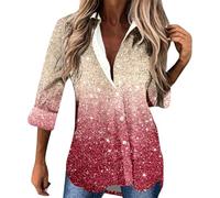 Foweknow Damen Glitzer Bluse Festlich Pailetten Oberteile 3D Druck V Ausschnitt Knopfleiste Shirt Langarm Hemd Blusenshirt Locker Lässig Party Hemdbluse Langarmshirt Frauen Blusentop