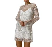 Foweknow Damen Glitzer Kleid Pailletten Durchsichtige Netz Abendkleider Mode Elegant Cocktailkleid Einfarbig Freizeitkleid Lässig Casual Party Festival Outfit Cut Out Glitzerkleid Abendkleid