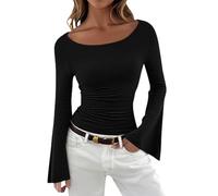 Foweknow Damen Oberteile Elegante Einfarbige Bluse Mit U-Boot Ausschnitt Ausgestellten Ärmeln Langarm Oversize Shirt Sommer Rundhals Locker Basic Tops Elegantes Figurbetontes Tunika