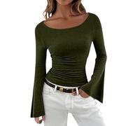 Foweknow Damen Oberteile Elegante Einfarbige Bluse Mit U-Boot Ausschnitt Ausgestellten Ärmeln Langarm Oversize Shirt Sommer Rundhals Locker Basic Tops Elegantes Figurbetontes Tunika