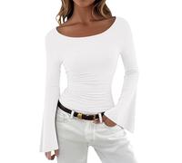 Foweknow Damen Oberteile Elegante Einfarbige Bluse Mit U-Boot Ausschnitt Ausgestellten Ärmeln Langarm Oversize Shirt Sommer Rundhals Locker Basic Tops Elegantes Figurbetontes Tunika