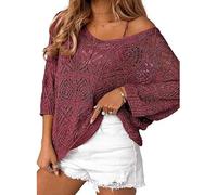 Foweknow Damen Pullover Frühling Sommer Schulterfrei 3/4 Ärmel Crochet Hollow Out Pullover Sweater Gehäkelte Tops Aushöhlen Boho Hippie T-Shirt Bluse Schulterfrei Strand Cover Up Blusenshirt