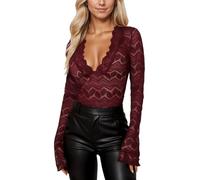 Foweknow Damen Y2K Crop Top Mit Floralem Spitzenmuster Tiefer V-Ausschnitt Langarmshirt Lange Ärmel Durchscheinendes Netz Top Sexy Rüschenbluse Festliche Blusenshirt Oberteil Clubwear