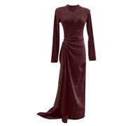 Foweknow Festliches Kleid Damen Split Rollkragen Maxikleid Bodycon Vintage Slim Fit Langarm Kleider Party Einfarbig Samtkleid Partykleid Mit Schlitz Ballkleid Club Glitzer A-Line Abendkleider