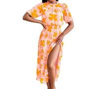 Foweknow Festliches Umstandskleid Damen Blumenmuster Umstandsmode Schwangerschaftskleidung Große Größen Sommerkleider Mit Aufdruck Turtleneck Puffärmel A-Linie Maxikleid Strandkleider