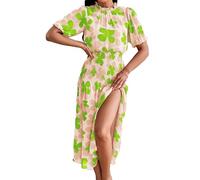 Foweknow Festliches Umstandskleid Damen Blumenmuster Umstandsmode Schwangerschaftskleidung Große Größen Sommerkleider Mit Aufdruck Turtleneck Puffärmel A-Linie Maxikleid Strandkleider