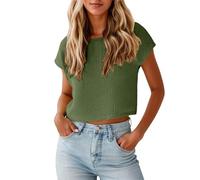 Foweknow Gerippt T Shirt Damen Sommer Basic Leicht Tops Kurzarm Sexy Einfarbig Rundhals Crop Top Slim Fit Casual Oberteile Loose Strickpullover Dünne Strick Blusenshirt Bequeme Weich Pullover