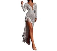 Foweknow Glitzerkleid Damen Langarm V Ausschnitt Paillettenkleid Glitzerkleid Elegant Hohe Taille Schulterfrei A-Linien Freizeitkleid Kurze Abendkleider Sexy Partykleid Ballkleid