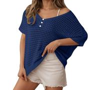 Foweknow Häkelpullover Damen Cover Up Badeanzug Schulterfrei Oversize Mesh Oberteil Hollow Out Boho-Oberteile Für Frauen Lechit Lässig Mesh Pullover V-Ausschnitt Netzshirt Strand Kurzarmshirt