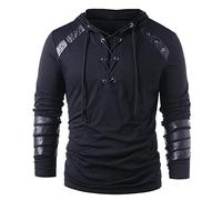 Foweknow Kapuzenpullover Herren Leder Patchwork Sweatshirts Steampunk Gothic Ritter Langarmshirt Vintage Trendiges Lässig Hoodie Bandage Schnüren Sweatshirt Fasching Festival Kostüm