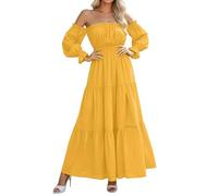 Foweknow Kleid Damen Elegant Off Shoulder Sommerkleid Langarm Einfarbig Schulterfreies Partykleid Lang Strandkleid A Linien Einfarbig Freizeitkleid Maxikleid Bandeau Swing Urlaubskleid