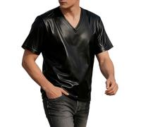 Foweknow Kunstleder Tshirt Herren Leder Tank Top Techno Outfit Dessous Wetlook Unterhemd Nachtclub Party Kurzarmshirt V Ausschnitt Motorrad Outdoor Lederhemd Lässige Slim Fit Netzshirt