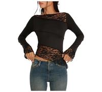 Foweknow Langarmshirt Damen Eng Spitzen Patchwork Oberteile Langarm Asymmetrische Sheer Lace T-Shirt Slim Fit Y2K Crop Tops Longsleeve Sexy Aesthetic Clothes Streetwear Unterhemd Party Outfit