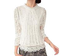 Foweknow Langarmshirt Damen Sexy Spitze Oberteile Einfarbig Langarm T-Shirt Rundkragen Transparent Hemd Shirt Casual Party Tops Clubwear Leichtes Durchsichtige Stickerei Spitzenbluse