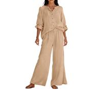 Foweknow Leinen Outfits Damen Leicht Baumwolle Hosenanzug 2 Teiler Bluse Und Lange Hosen Freizeitanzug Casual Einfarbig Hosenanzug Leichte Bequem Tracksuit Musselin Hosenanzüge