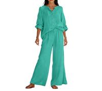 Foweknow Leinen Outfits Damen Leicht Baumwolle Hosenanzug 2 Teiler Bluse Und Lange Hosen Freizeitanzug Casual Einfarbig Hosenanzug Leichte Bequem Tracksuit Musselin Hosenanzüge