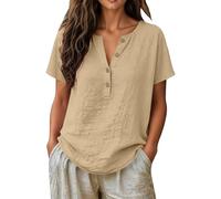 Foweknow Leinenbluse Damen Elegante Baumwolle Leinen Tshirt Lose Kurzarm Blusen Frau Longshirt Oversized Leinenshirt Freizeit Longbluse Leinenhemd Teenager Mädchen Große Größen Oberteile