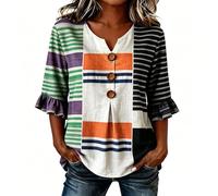 Foweknow Leinenbluse Damen Sommer Elegant Bluse V Ausschnitt Knopfleiste Shirt 3/4 Arm Tunika Leinen Shirt Oberteil Modern Sommerblusen Leicht Blumenmuster Druck Hemdbluse Retro Blusenshirt
