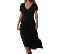 Foweknow Leinenkleider Damen Sommer V Ausschnitt Tunikakleid Sommer Baumwolle Leinen Maxikleid Leicht Und Luftig Vintage Strandkleid Sommerkleider Kurzarm Freizeitkleid Bequemes Blusenkleid