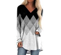 Foweknow Longshirt Damen Langarm Mode Druck Große Größen Tunika Bedruckte Longbluse Longpullover Casual Lose Elegant Lange Pullover Oberteile V Ausschnitt Vielseitige Blusentop