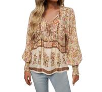 Foweknow Mediterrane Mode Für Damen Bluse Damen Elegant Boho Blumenmuster Tunika Langarm Sommer Leicht Und Luftig Strandhemd Lässige V-Ausschnitt Blusenshirt 70Er Jahre Outfit Oberteile