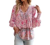 Foweknow Mediterrane Mode Für Damen Bluse Damen Elegant Boho Blumenmuster Tunika Langarm Sommer Leicht Und Luftig Strandhemd Lässige V-Ausschnitt Blusenshirt 70Er Jahre Outfit Oberteile
