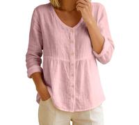 Foweknow Musselin Bluse Damen Langarm Sommerbluse Baumwolle Leinen Hemdbluse Oversized Elegant V-Ausschnitt Tshirts Leichte Hawaii Hemd Lässige Bluse Top Button-Down Luftige Blusenshirt