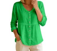 Foweknow Musselin Bluse Damen Langarm Sommerbluse Baumwolle Leinen Hemdbluse Oversized Elegant V-Ausschnitt Tshirts Leichte Hawaii Hemd Lässige Bluse Top Button-Down Luftige Blusenshirt