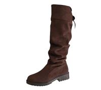 Foweknow Overknees Stiefel Damen Wildlederstiefel Mit Runder Zehenpartie Stretch Mit Absatz Lederstiefel Weitschaftstiefel Elegant Westernstiefel Hohe Retro Kniehoch Reitstiefel Damenstiefel