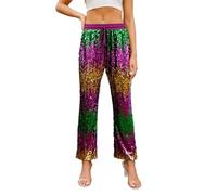 Foweknow Pailletten Freizeithose Damen Glitzernd Hohe Taille Jogginghose Damen Modische Geradem Bein Lang Hose Metallic Sommerhose Locker Weite Hose Einfarbige Sparkly Festlich Rave Outfit