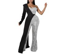 Foweknow Pailletten Jumpsuit Damen Glitzer Overall Für Damen Sexy Glänzend Lang Onesie Modischer One Shoulder Festlich Outfit Sommer Lang Playsuit Hosen Faschingskostüm Für Karneval